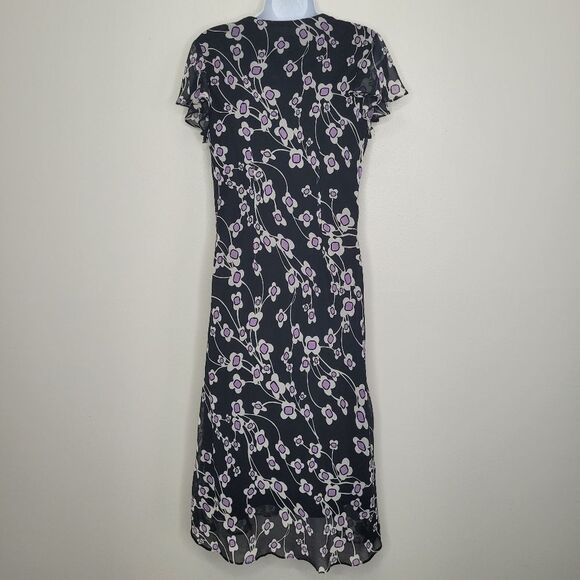Vintage y2k black purple grunge flower print ruffle sleeve midi dress size 10 - Picture 2 of 9